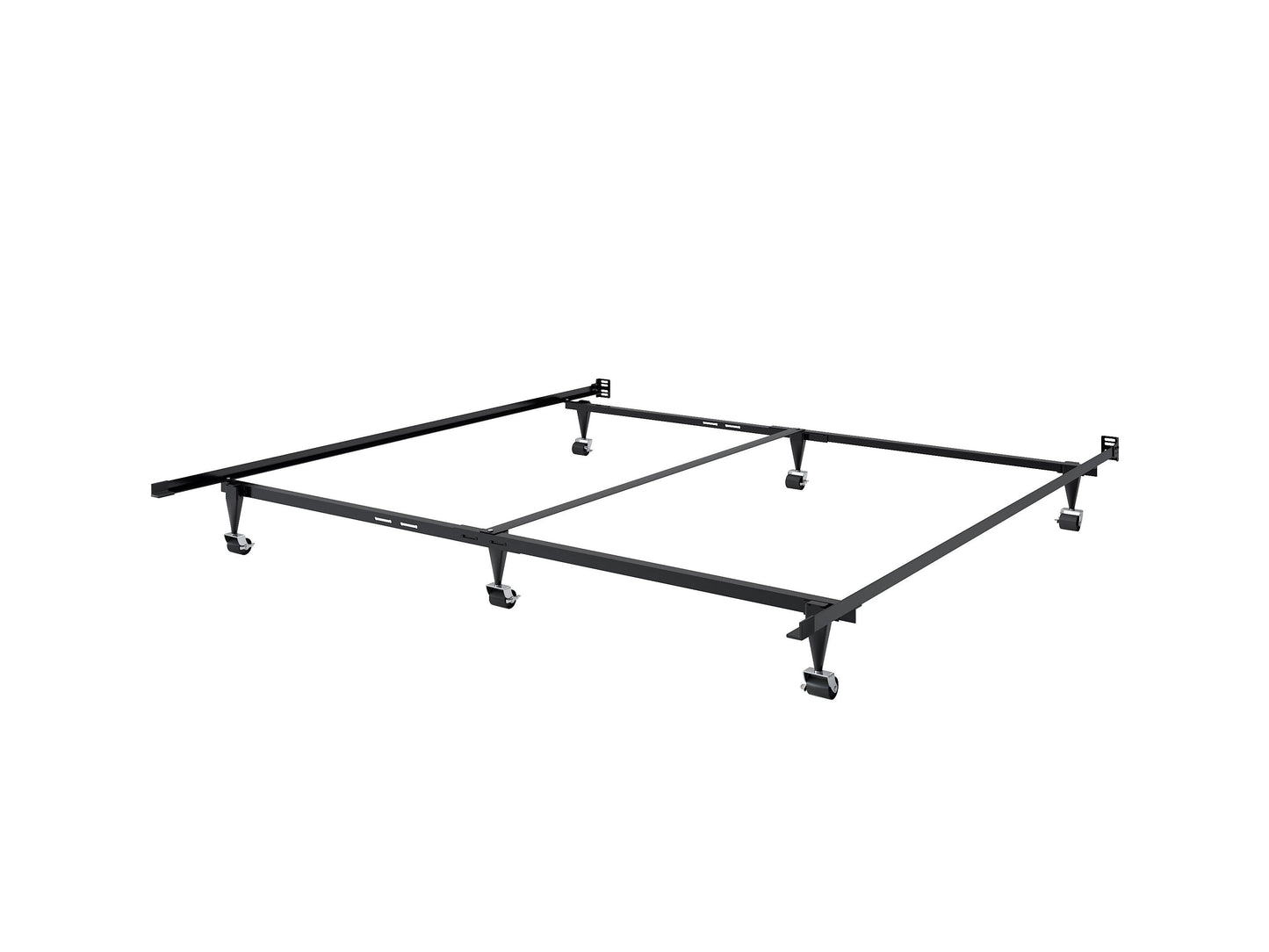 Alt text: Adjustable metal bed frame in black, suitable for queen and king sizes, featuring durable construction and sleek design for modern bedrooms.