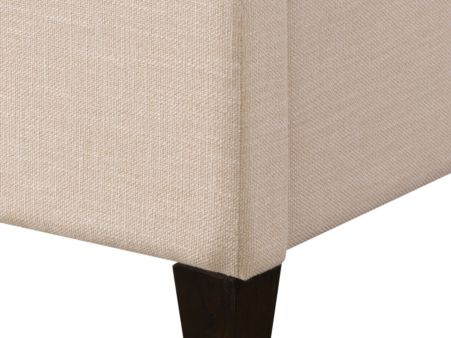 Cream channel tufted queen bed with upholstered headboard, wooden legs, and modern design.