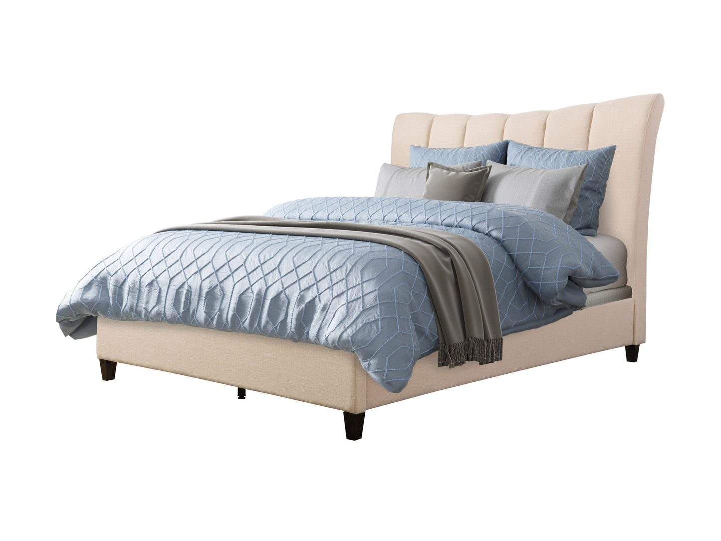 Cream channel tufted queen bed with upholstered headboard and wooden legs, modern bedroom furniture.