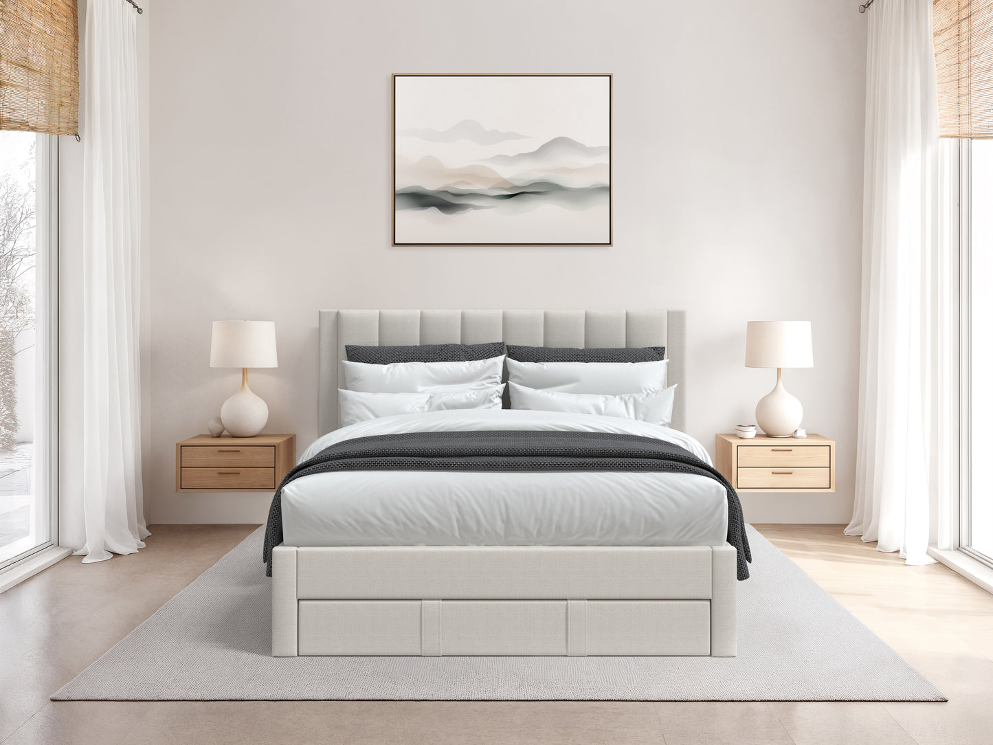 Channel Tufted Beige Queen Bed with Storage - FINAL SALE ITEM