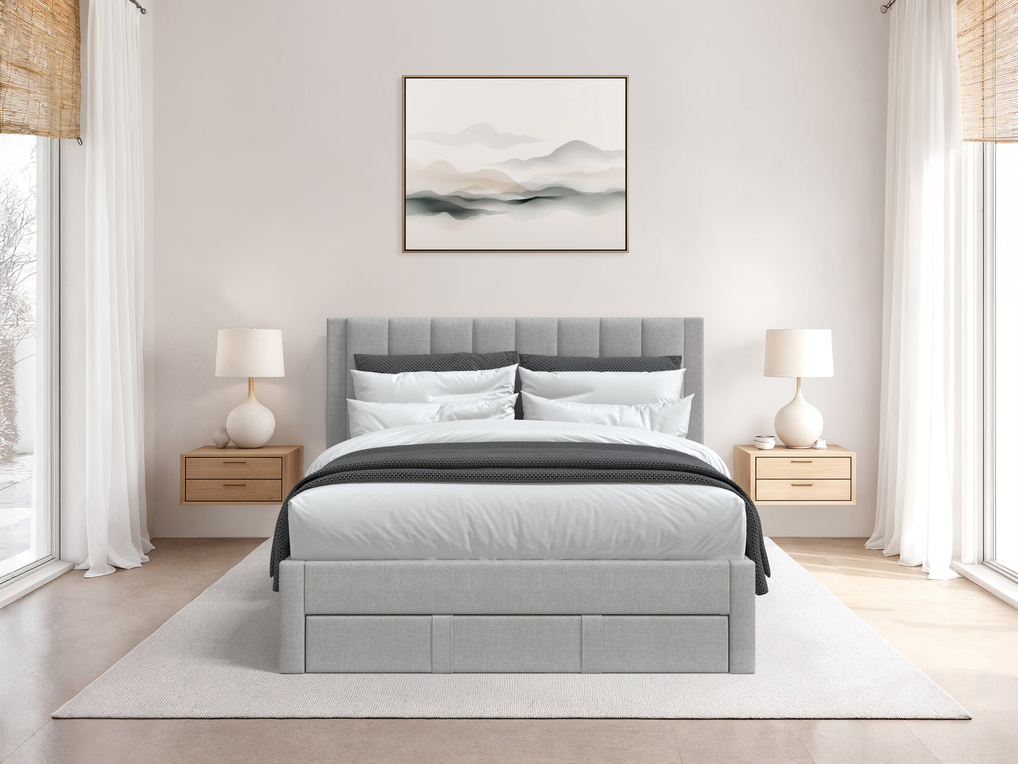 Channel Tufted Grey Double Bed with Storage - FINAL SALE ITEM