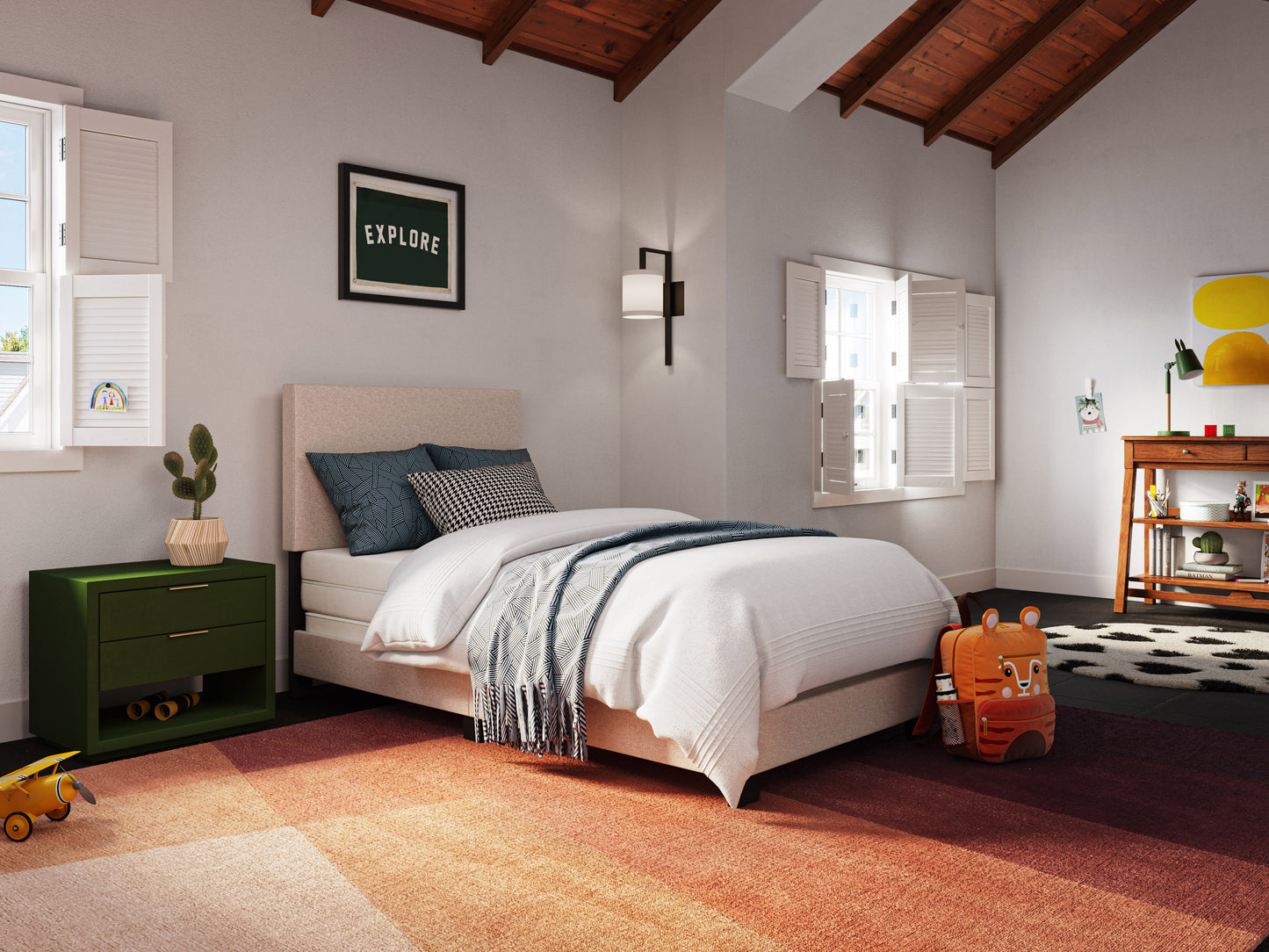 Modern Minimalist Upholstered Single Bed, Beige - FINAL SALE ITEM