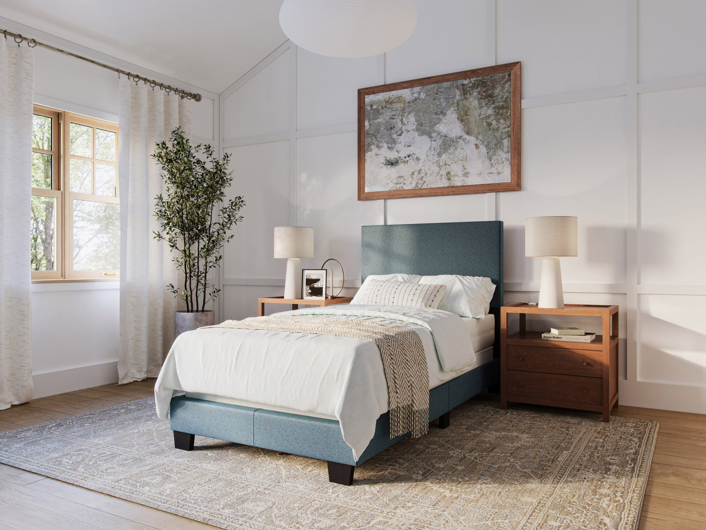 Modern Minimalist Upholstered Single Bed, Blue - FINAL SALE ITEM