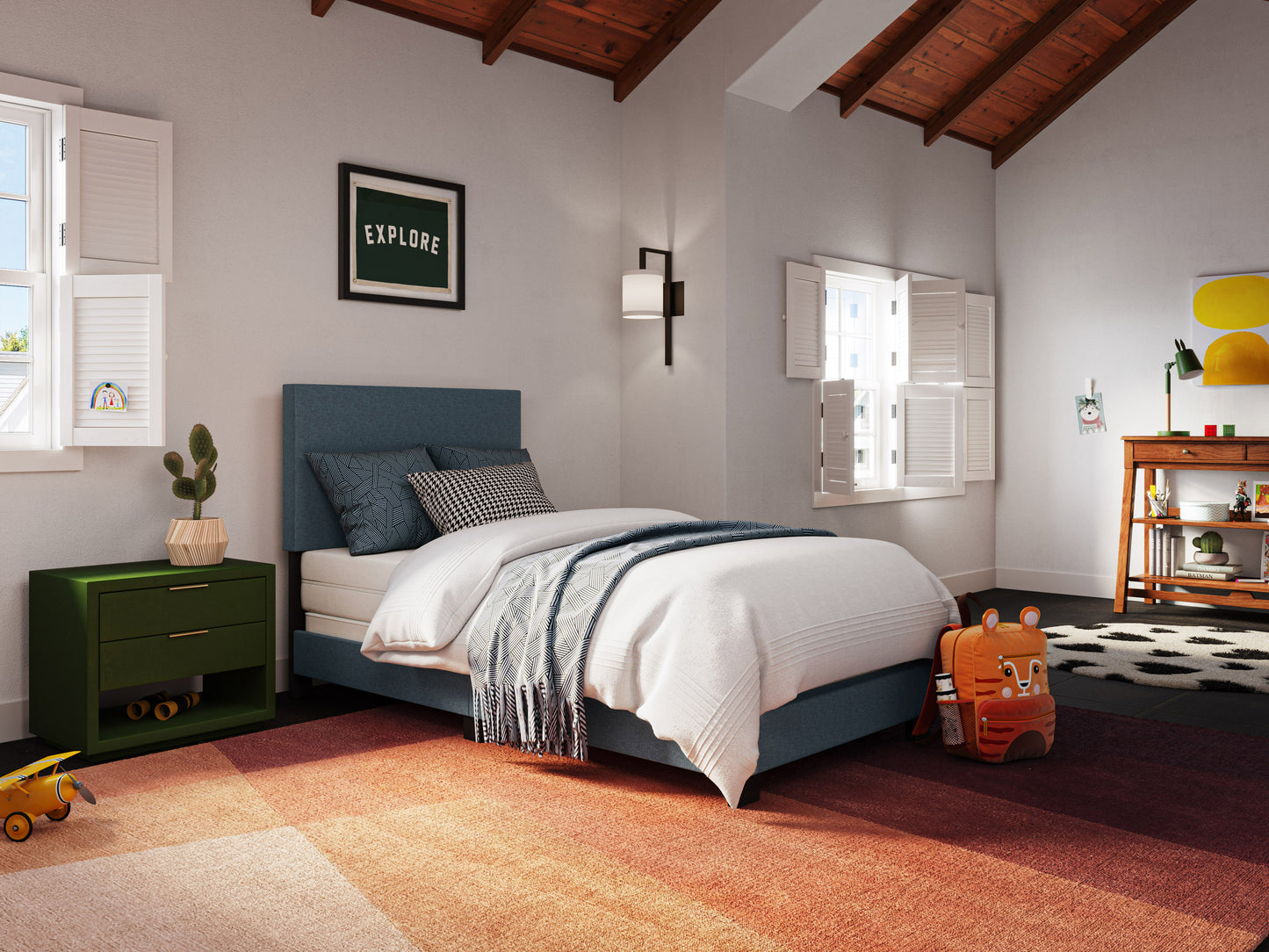 Modern Minimalist Upholstered Single Bed, Blue - FINAL SALE ITEM