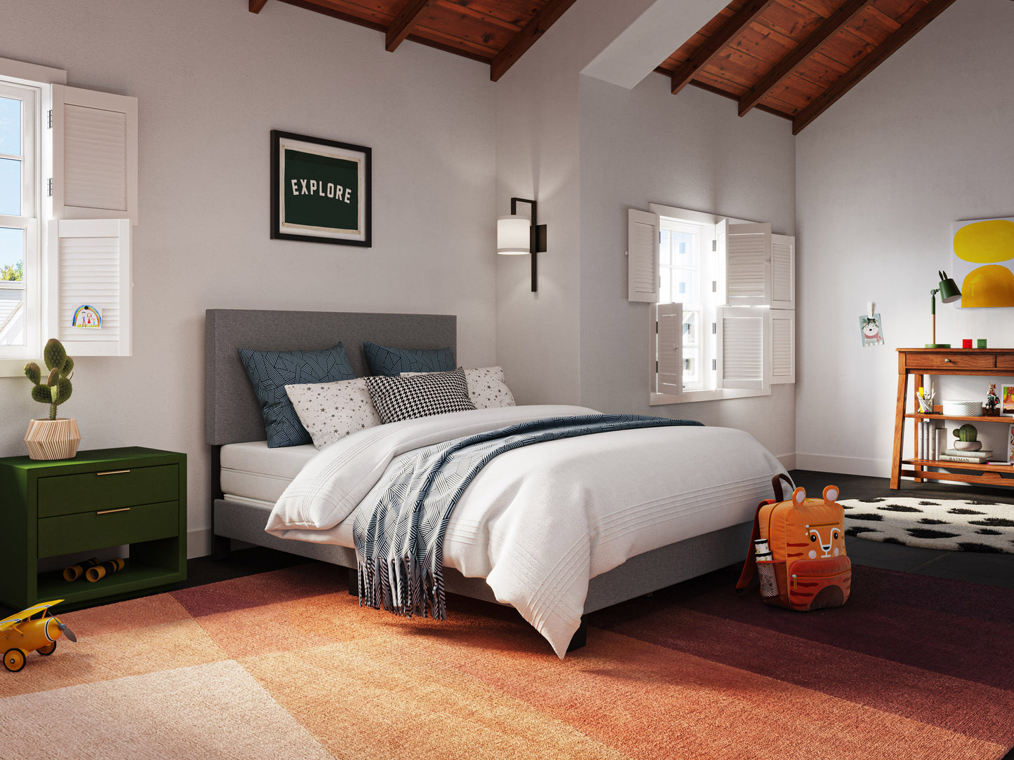 Modern Minimalist Upholstered Full Bed, Dark Gray