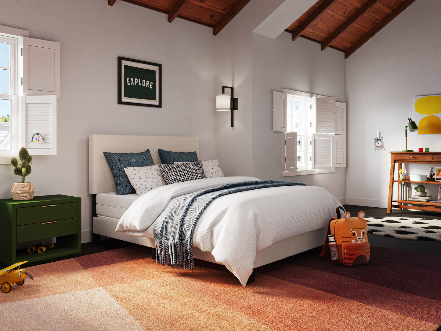 Modern Minimalist Boucle Full Bed, Off White - FINAL SALE ITEM