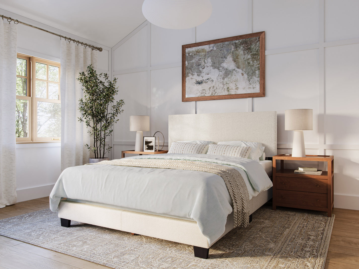 Modern Minimalist Boucle Queen Bed, Off White - FINAL SALE ITEM