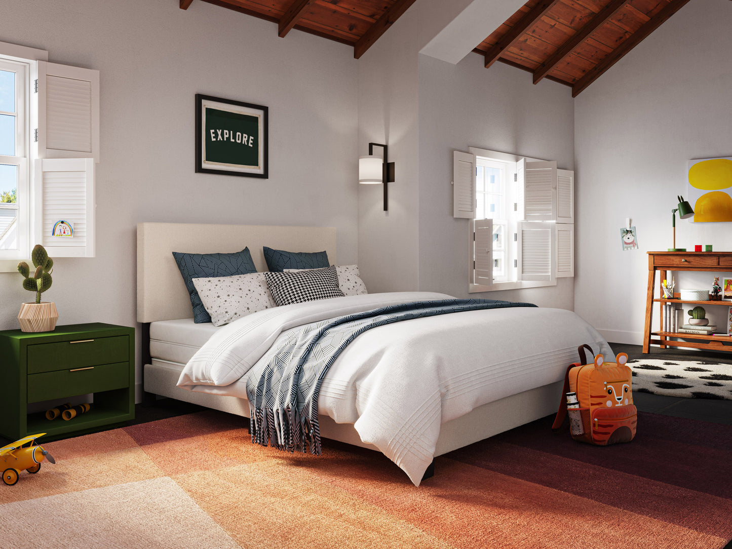 Modern Minimalist Boucle Queen Bed, Off White - FINAL SALE ITEM