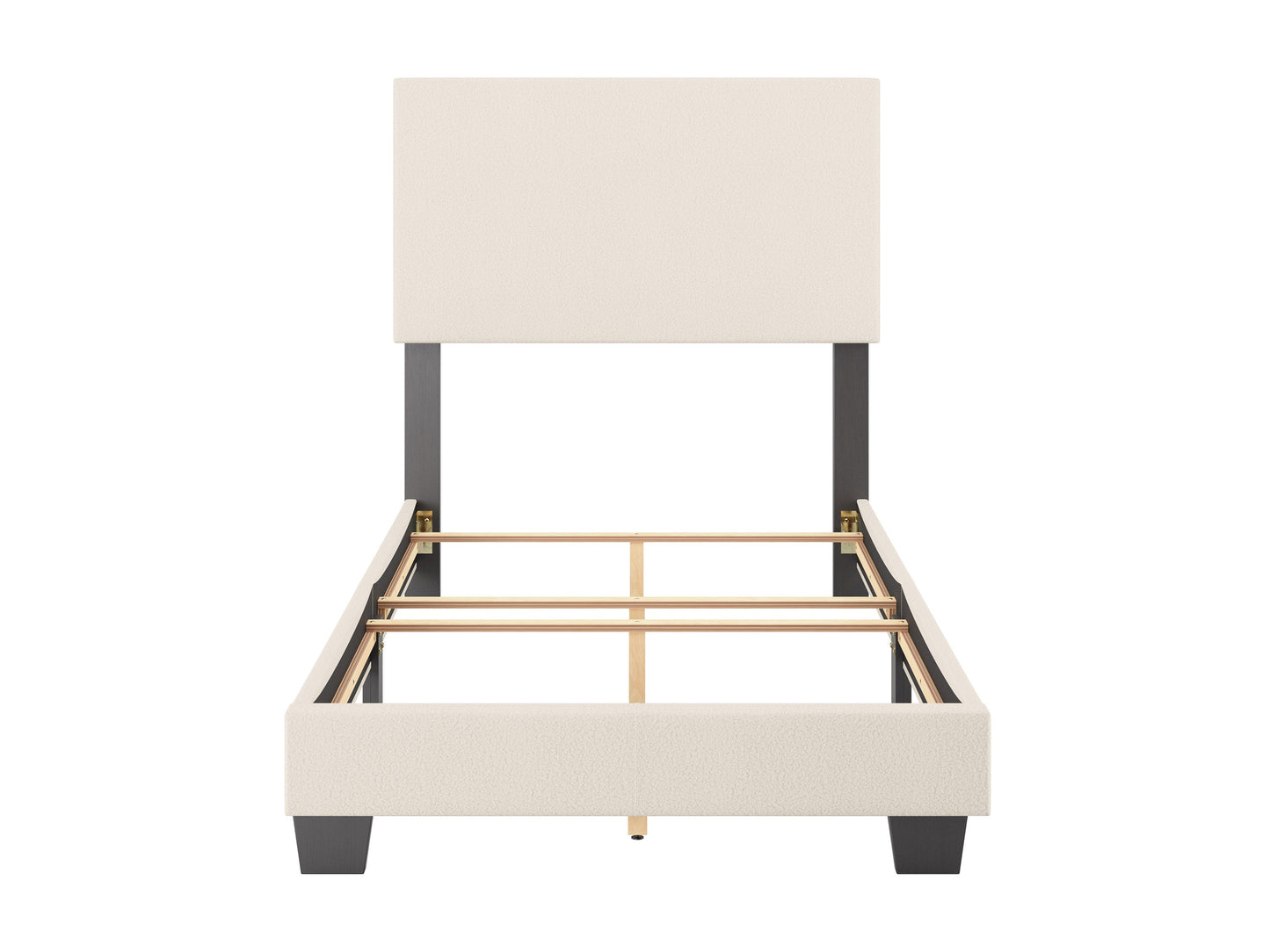 Boucle twin bed with cream fabric upholstery, wooden frame, and minimalist headboard.