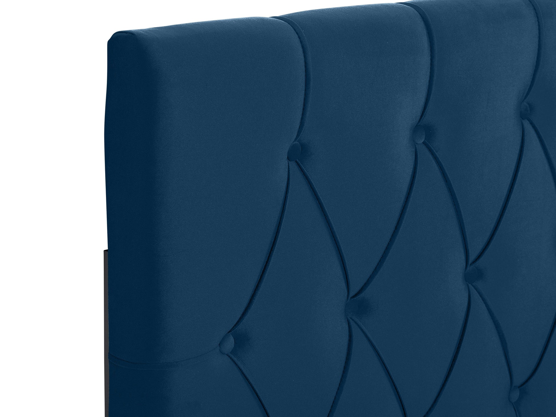 Navy blue velvet queen headboard with tufted design and elegant finish.