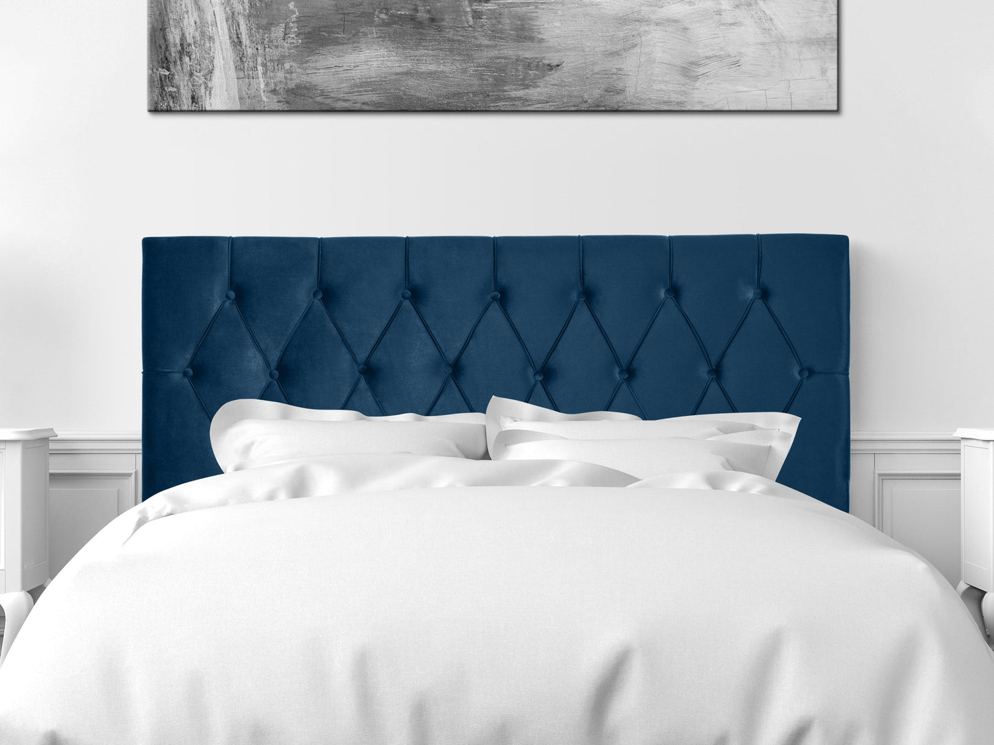 Navy blue velvet headboard, queen size, with tufted design and plush texture.