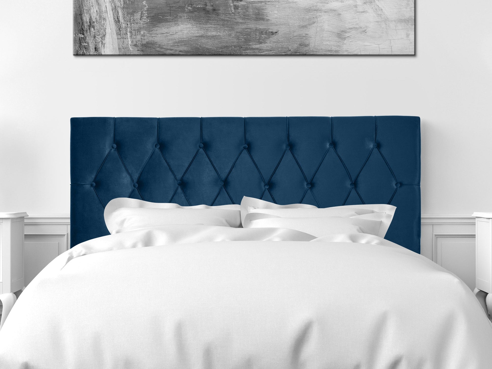 Navy blue velvet headboard, queen size, with tufted design and plush texture.