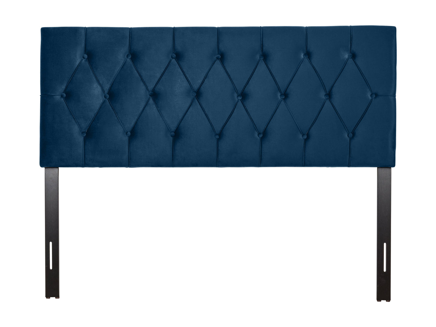 Navy blue velvet queen headboard with tufted design and elegant finish.