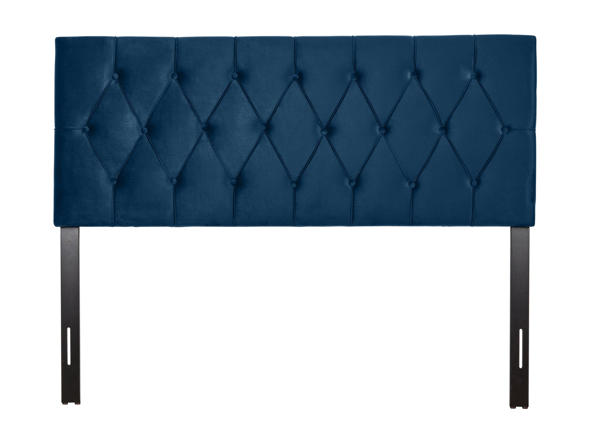 Navy blue velvet queen headboard with tufted design and elegant finish.