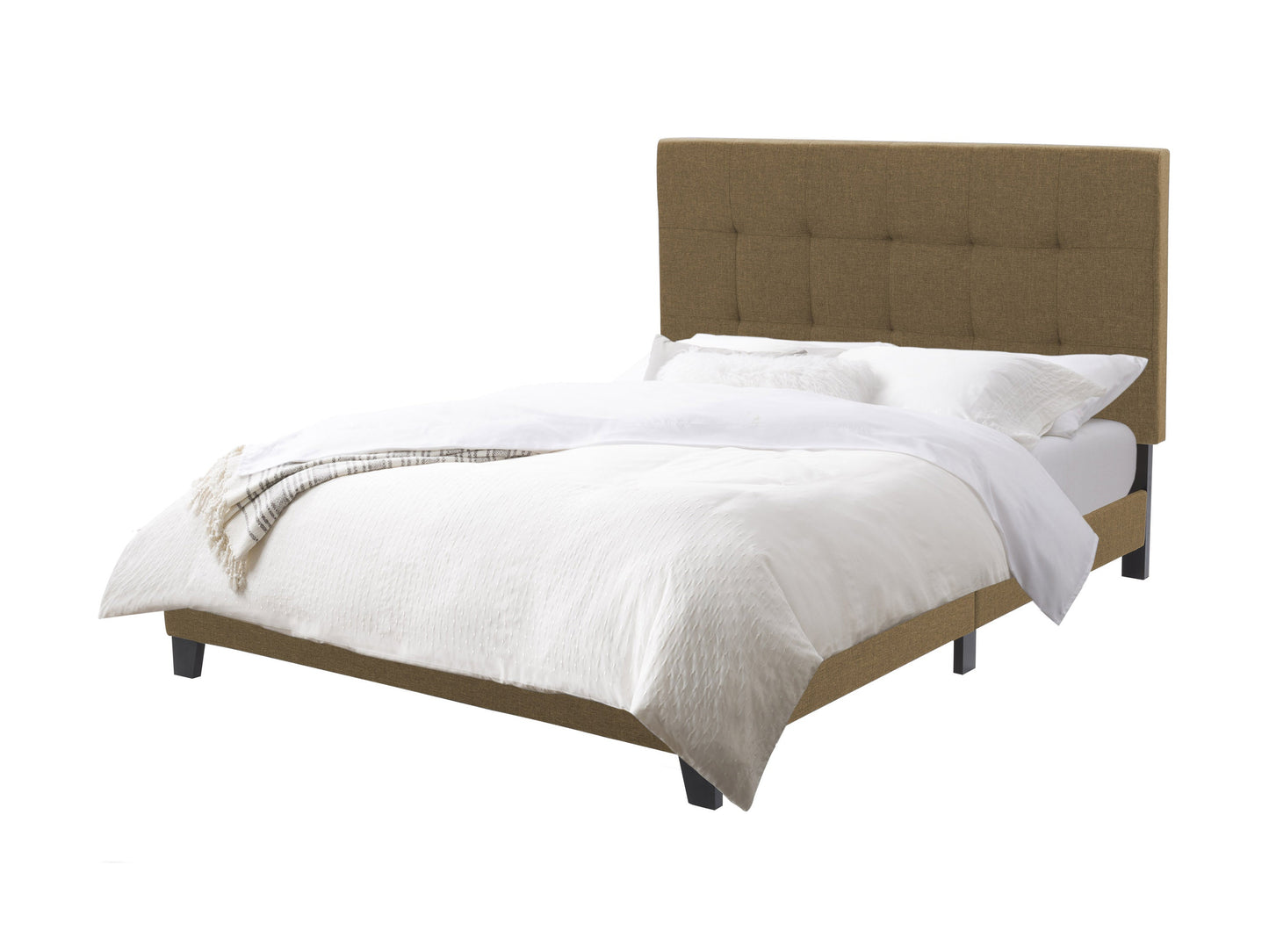 Queen panel bed in clay finish with wooden frame, upholstered headboard, and modern minimalist design.
