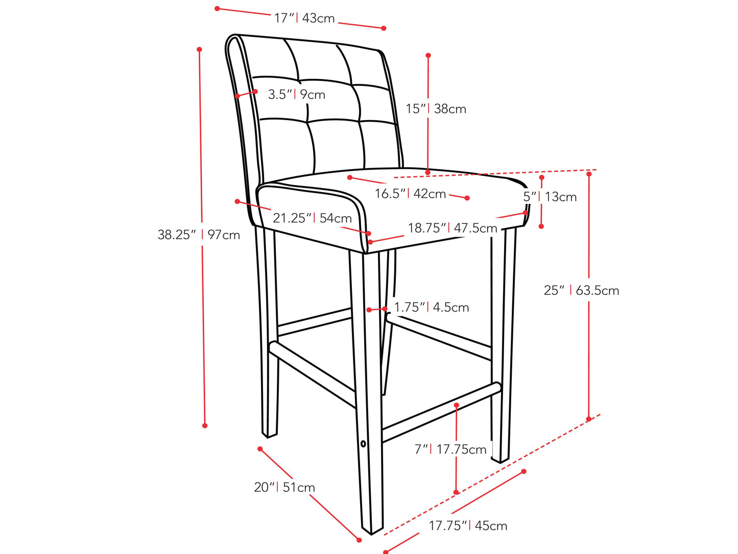 Black counter height bar stool with cushioned seat, sleek metal frame, and footrest.