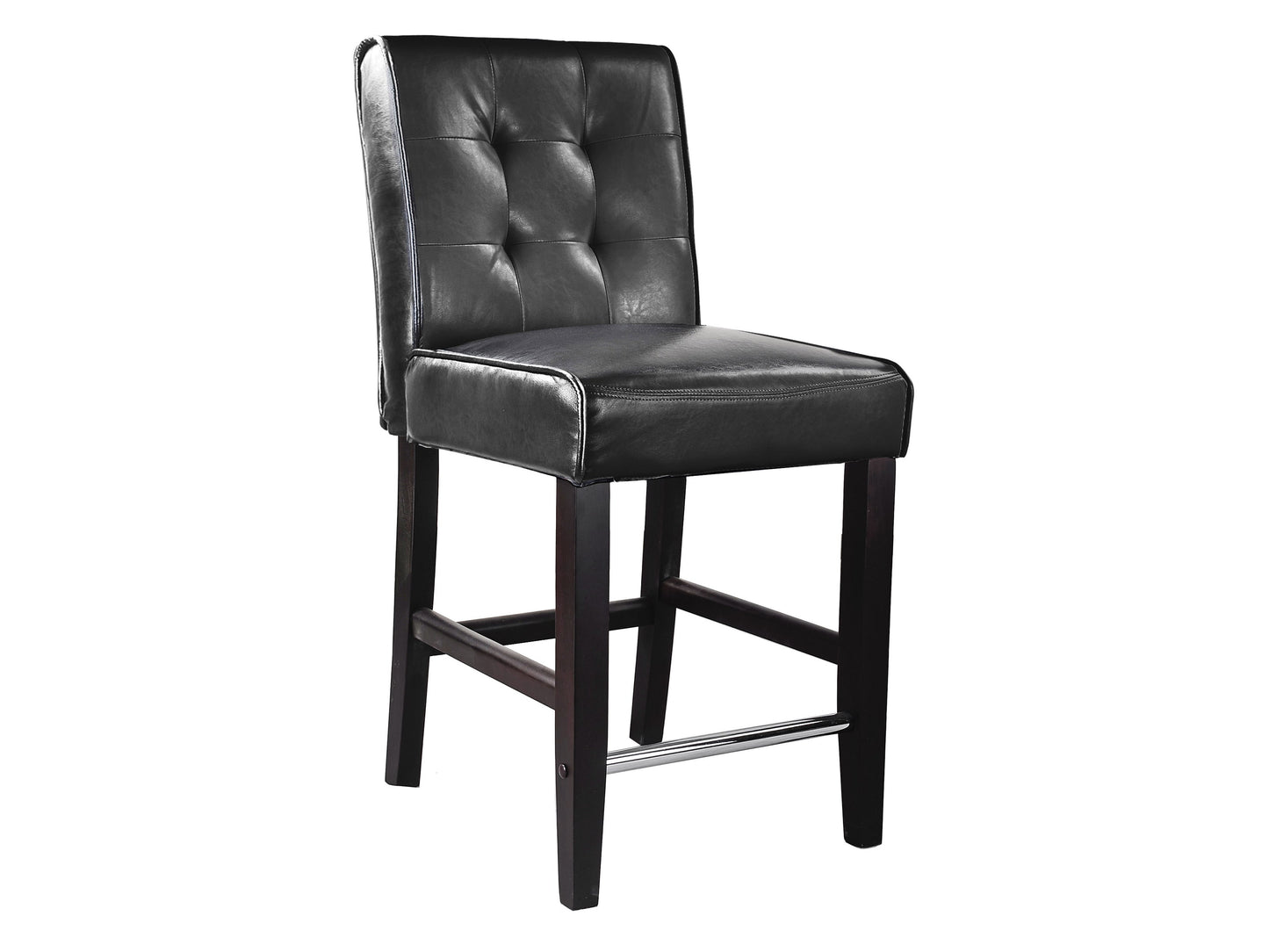 Black counter height bar stool with sleek metal frame, cushioned seat, and minimalist design.