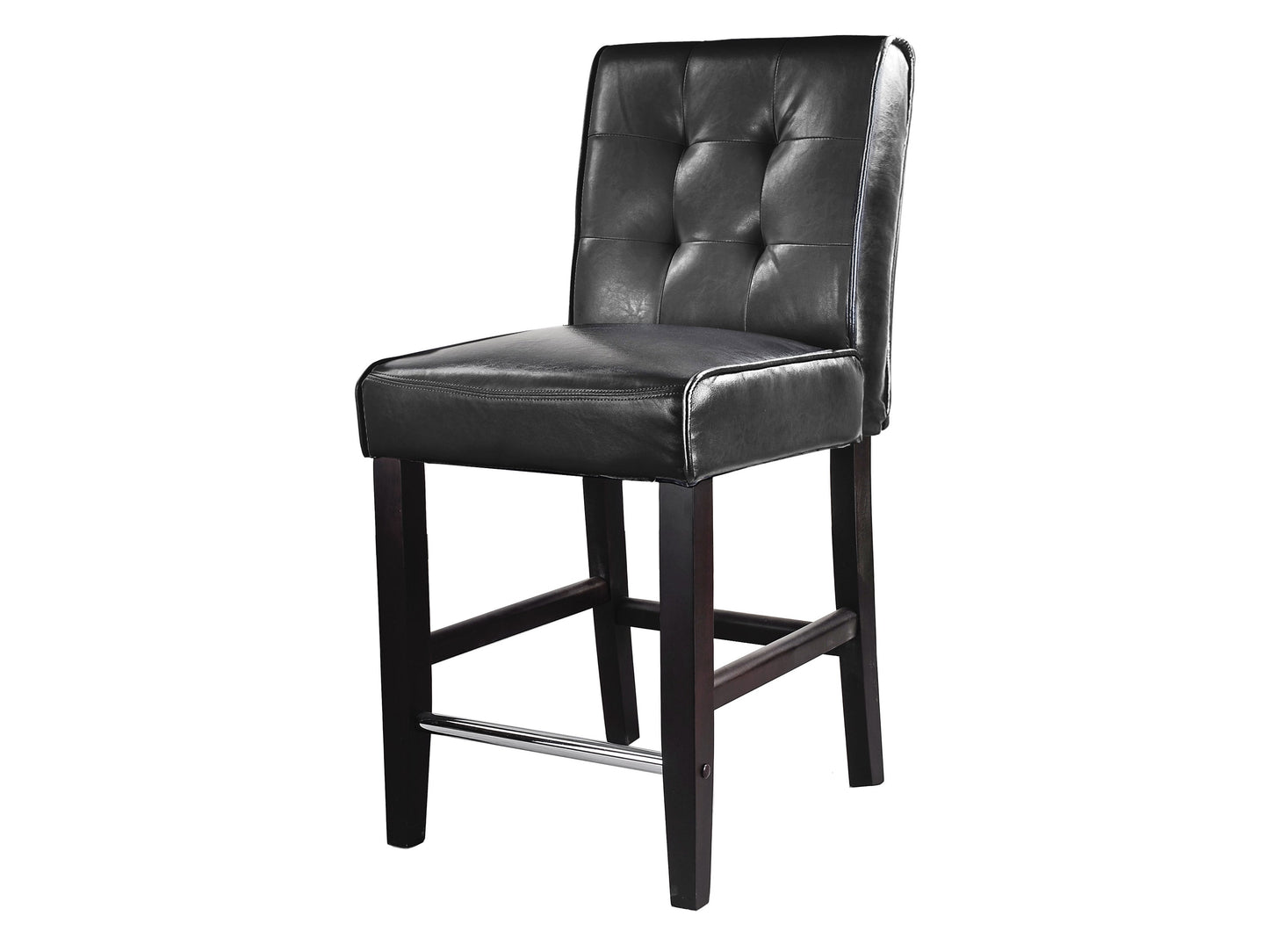 Black counter height bar stool with cushioned seat, sleek metal frame, and modern design.