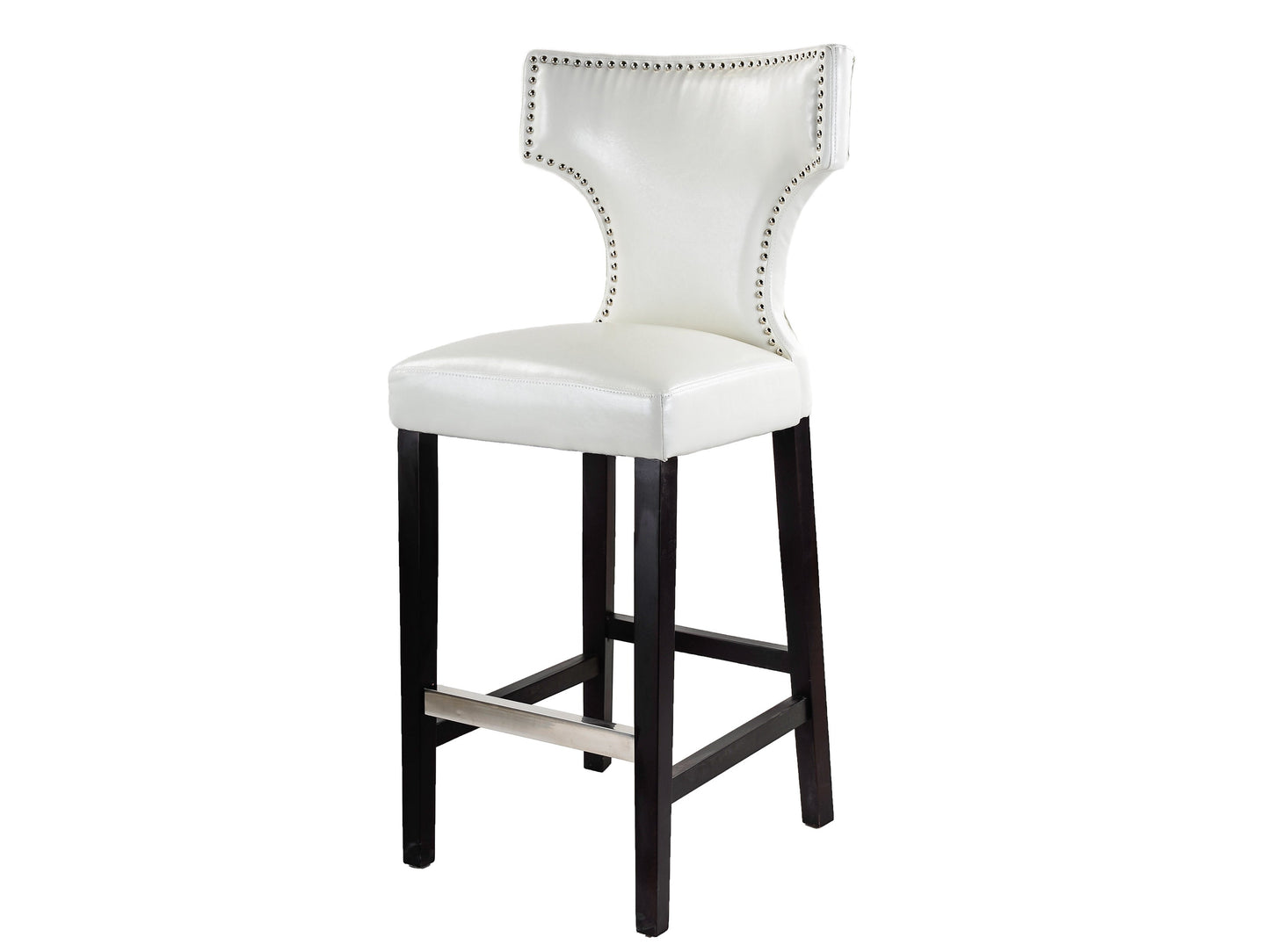 Set of 2 white bar height bar stools with cushioned seats, sleek chrome legs, and modern minimalist design.