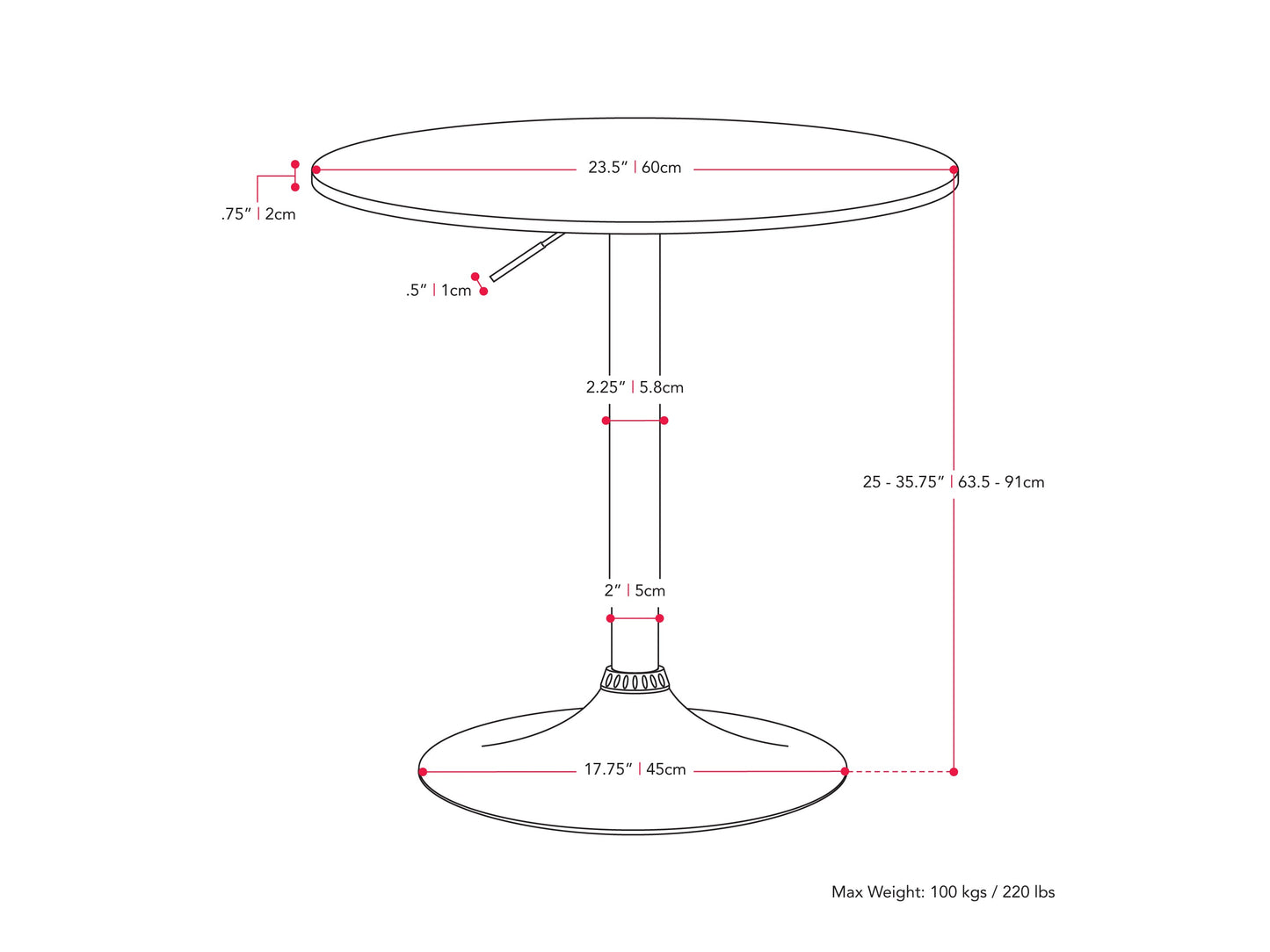 Adjustable height round black bar table with sleek metal base and modern design.