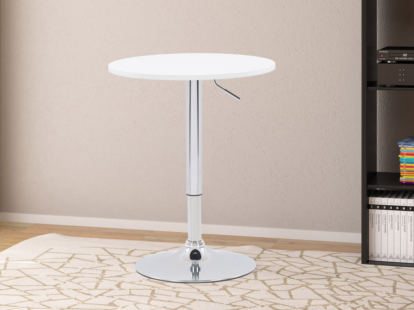 Adjustable height white bar table with round top and chrome base, modern design for home or commercial use.