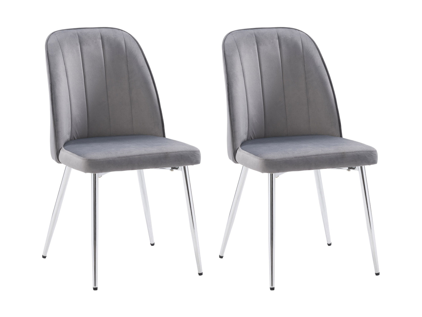Grey velvet dining room chairs, set of 2, with gold metal legs and tufted backrest.