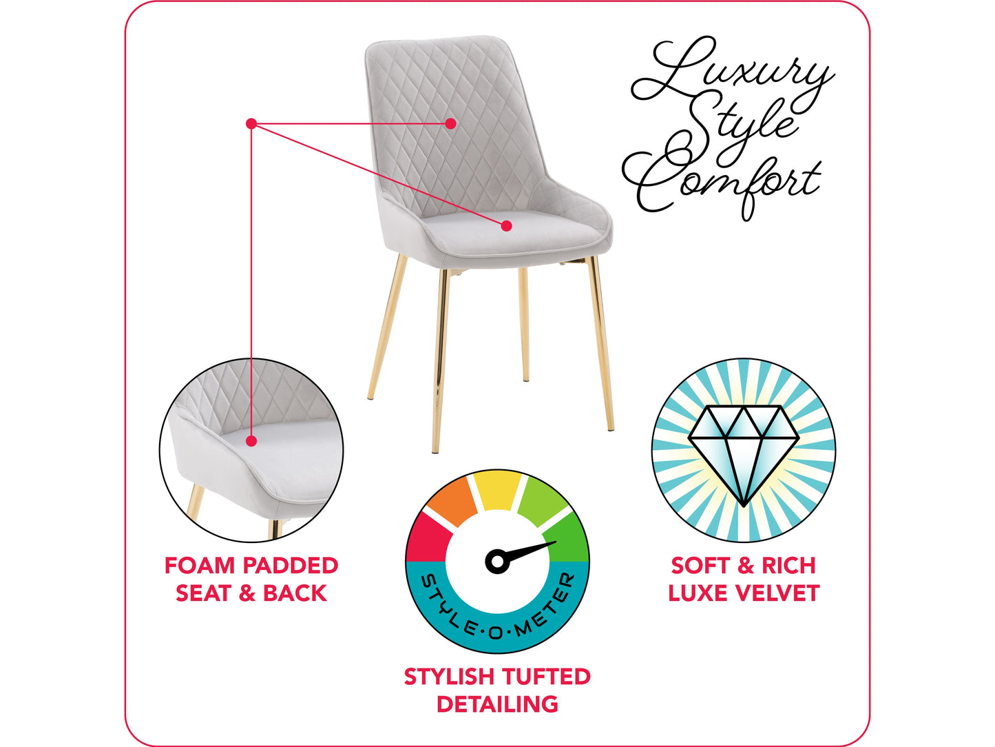 Light grey velvet dining chairs set with tufted backrest, gold metal legs, and modern design.