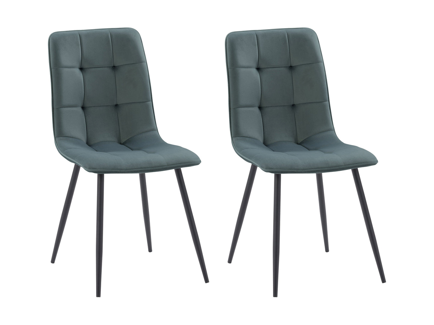 Velvet upholstered dining chairs, teal grey, set of 2, with black metal legs and tufted backrest.