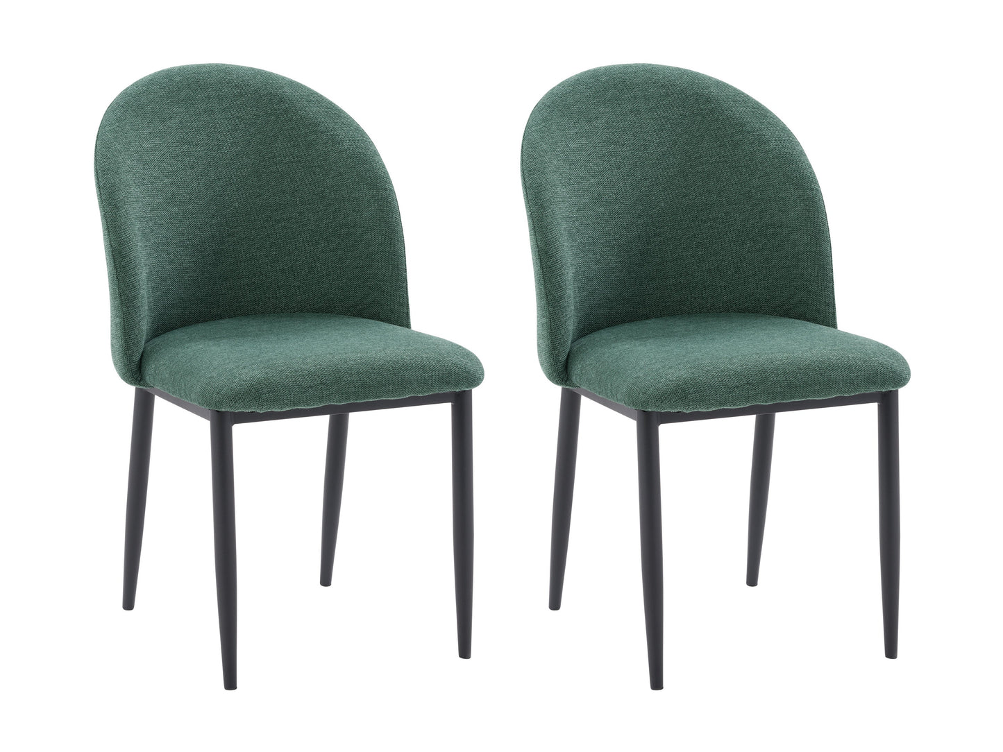 Dark green curved dining chairs set, upholstered fabric, wooden legs, modern design, perfect for dining rooms.