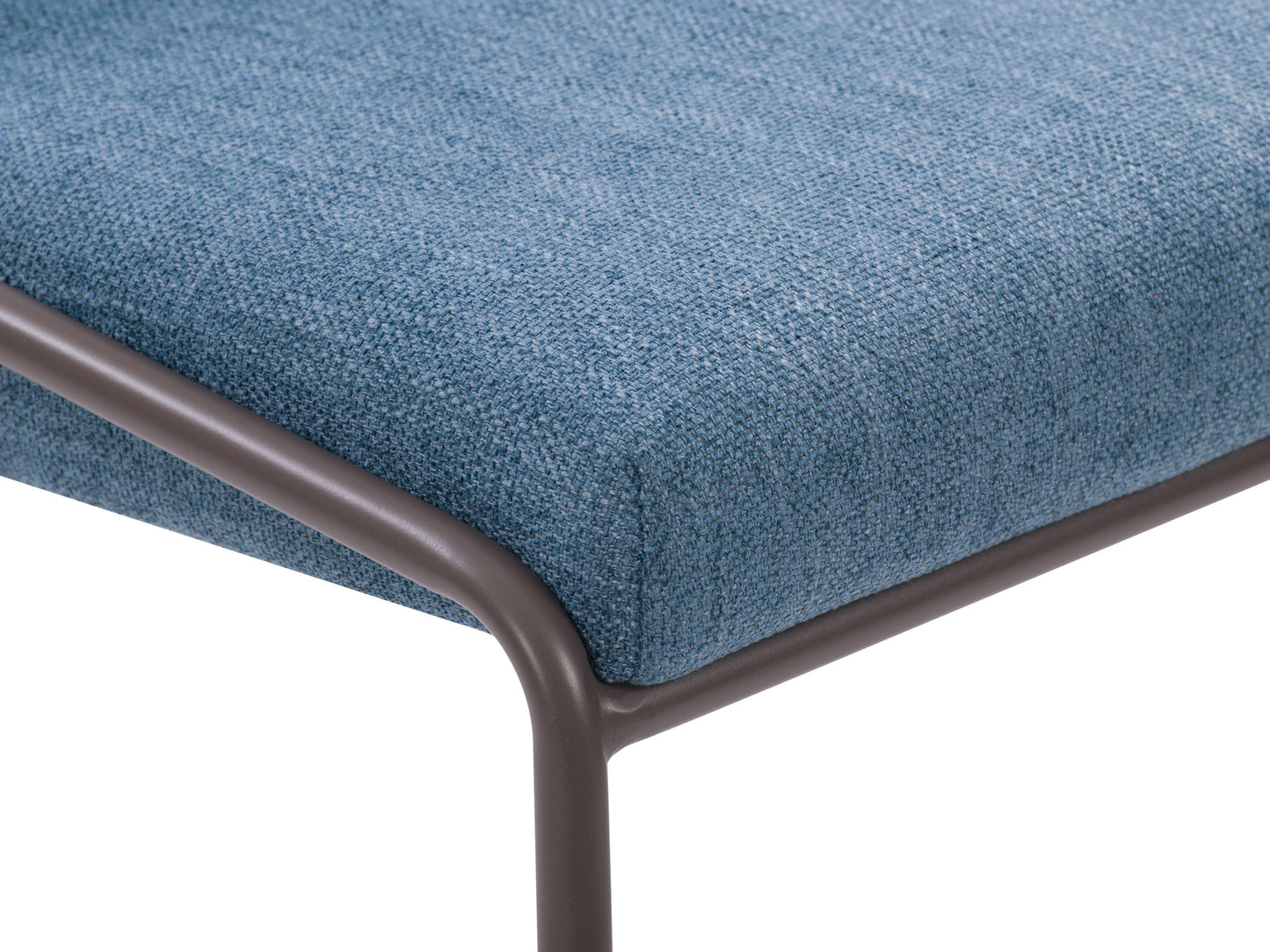 Blue modern bar stool with cushioned seat and back, sleek metal frame, and footrest.