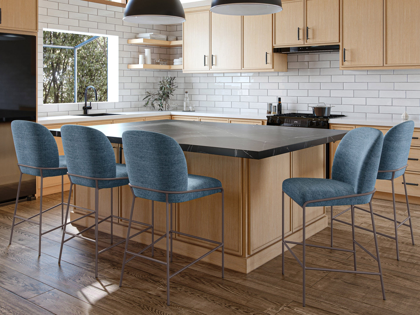 Blue modern bar stool with cushioned seat, sleek metal legs, and contemporary design.