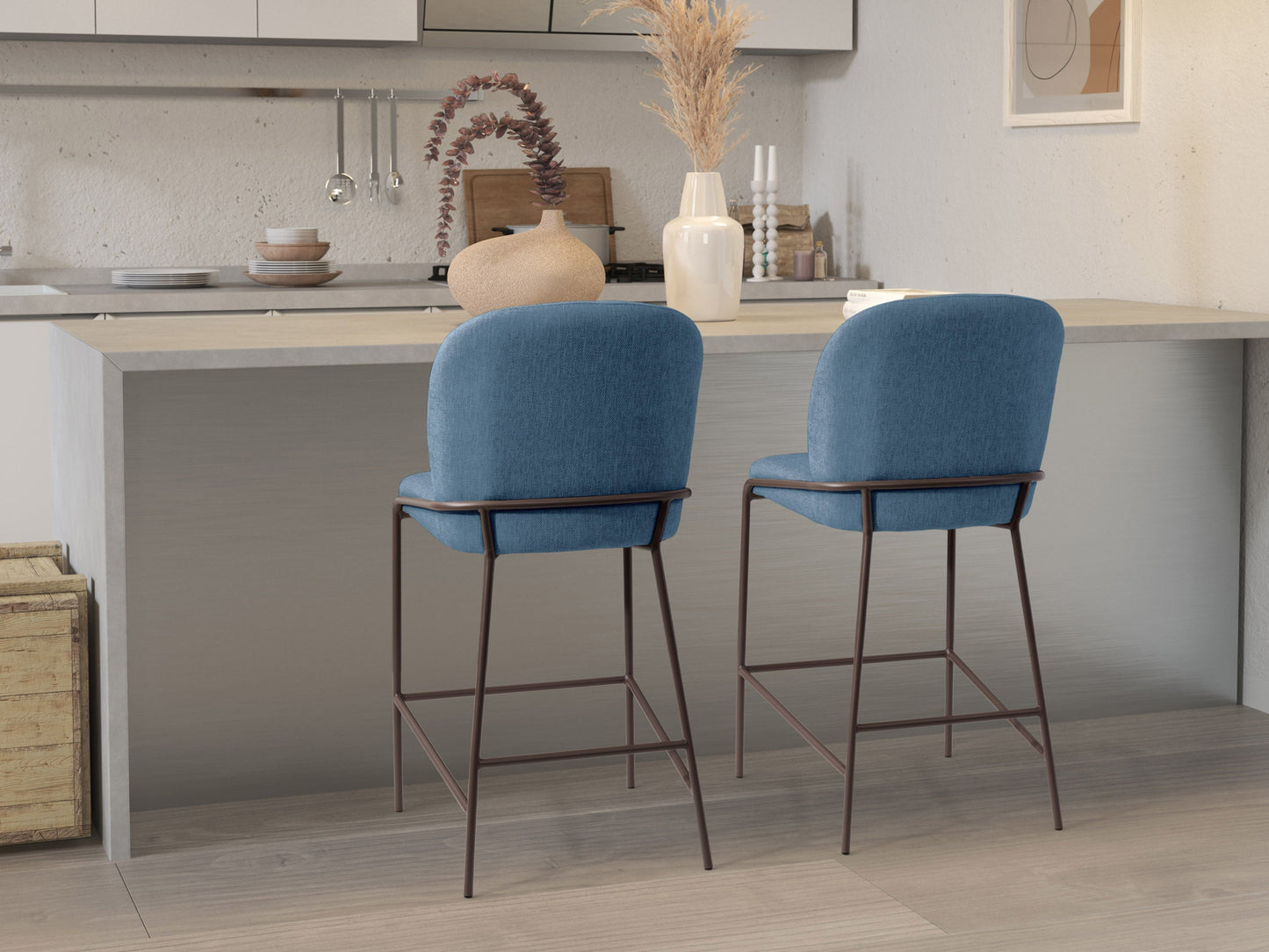 Blue modern bar stool with cushioned seat, wooden legs, and sleek design.