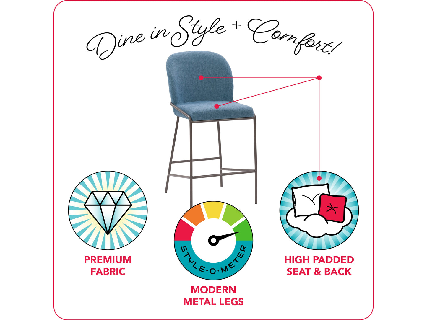 Blue modern bar stool with padded seat, metal legs, and footrest, perfect for contemporary kitchen or bar areas.
