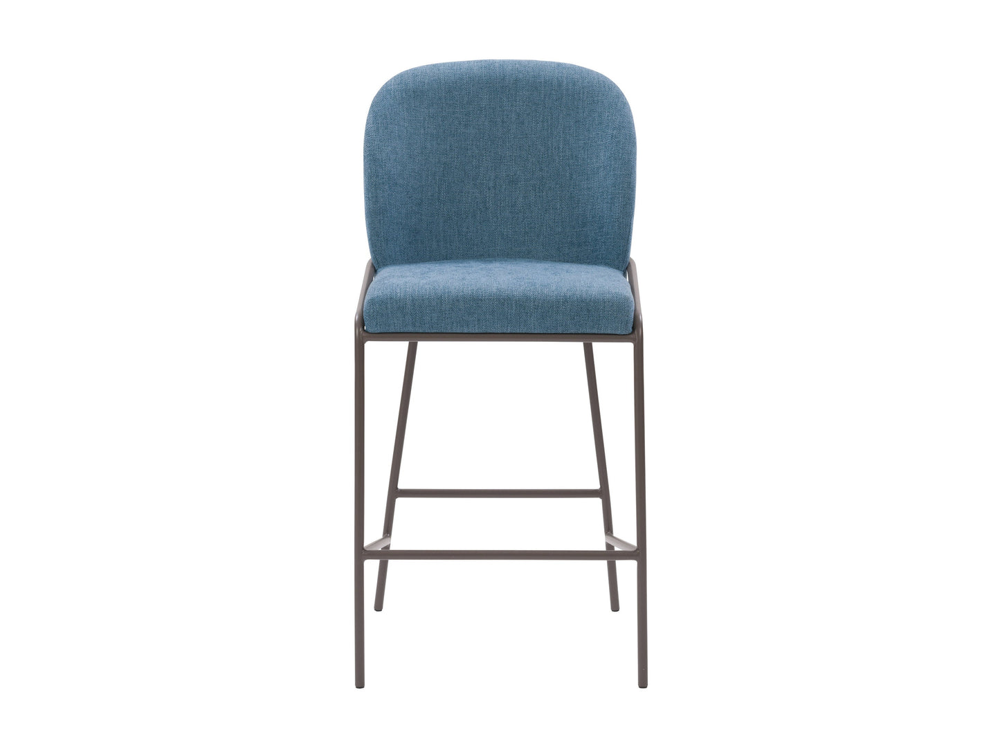 Blue modern bar stool with cushioned seat, sleek metal legs, and contemporary design.