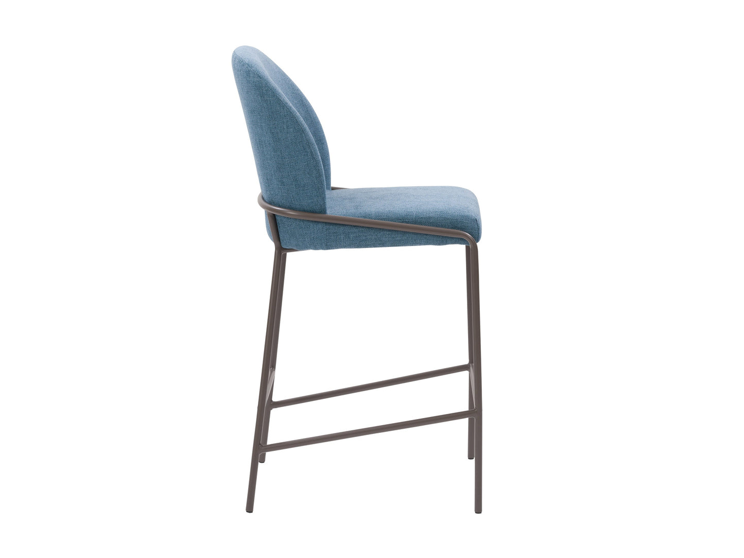 Blue modern bar stool with cushioned seat, sleek metal legs, and minimalist design.