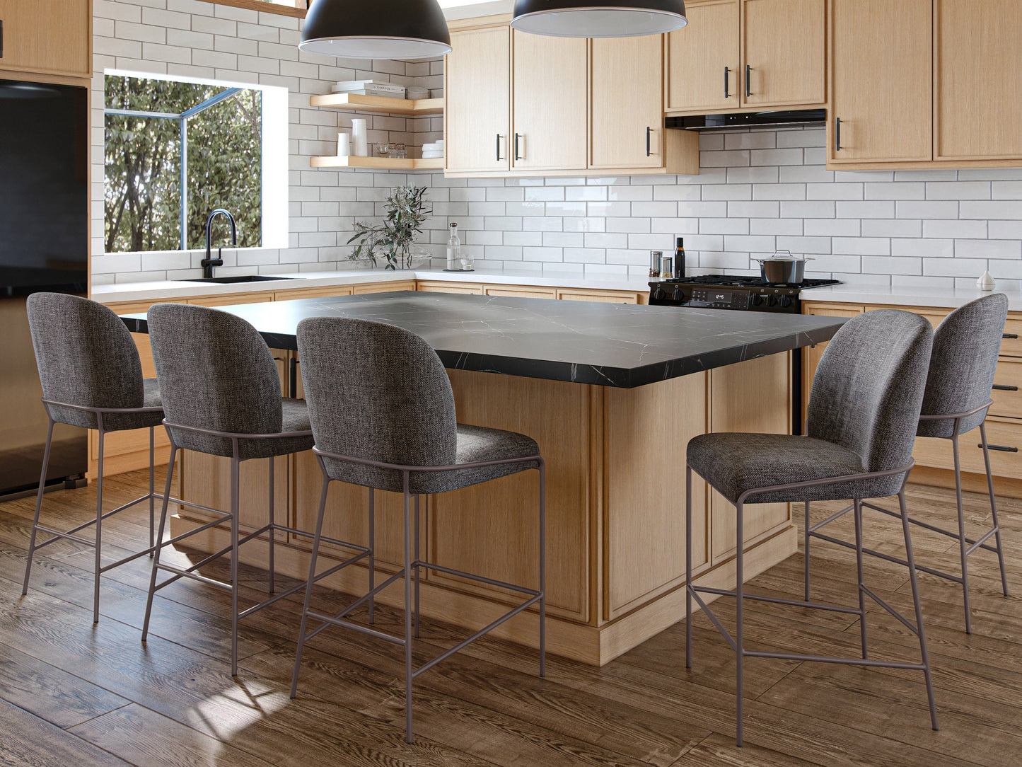 Dark grey modern bar stool with cushioned seat, wooden legs, and sleek minimalist design.