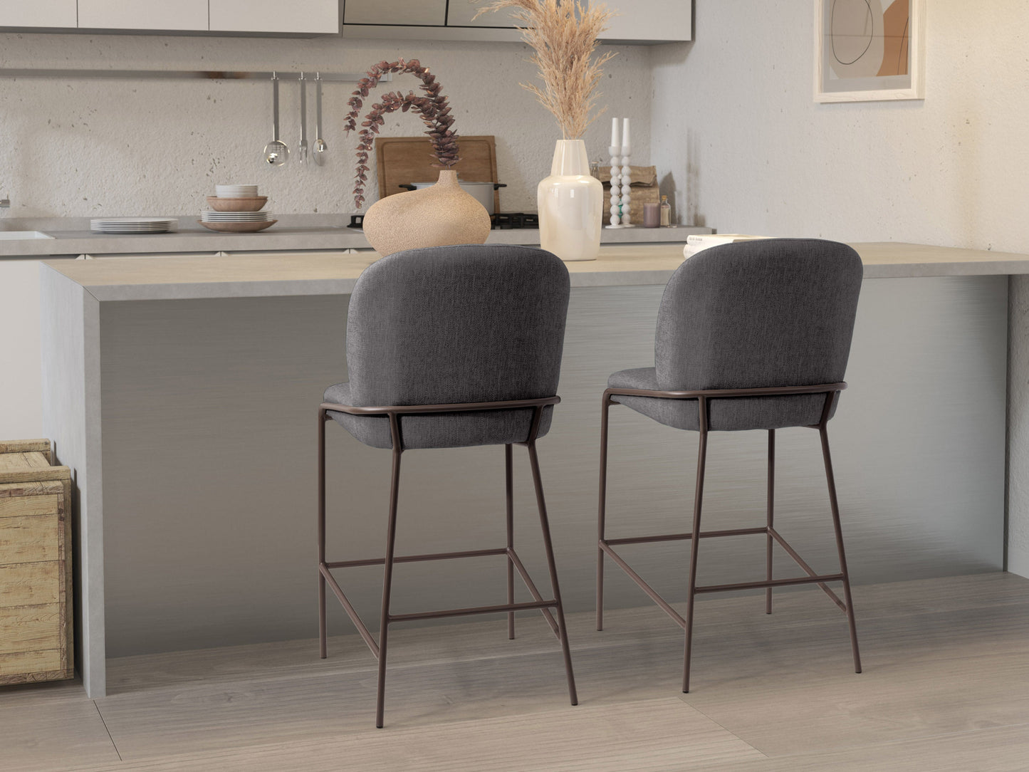 Dark grey modern bar stool with cushioned seat, wooden legs, and sleek design for contemporary kitchens and bars.
