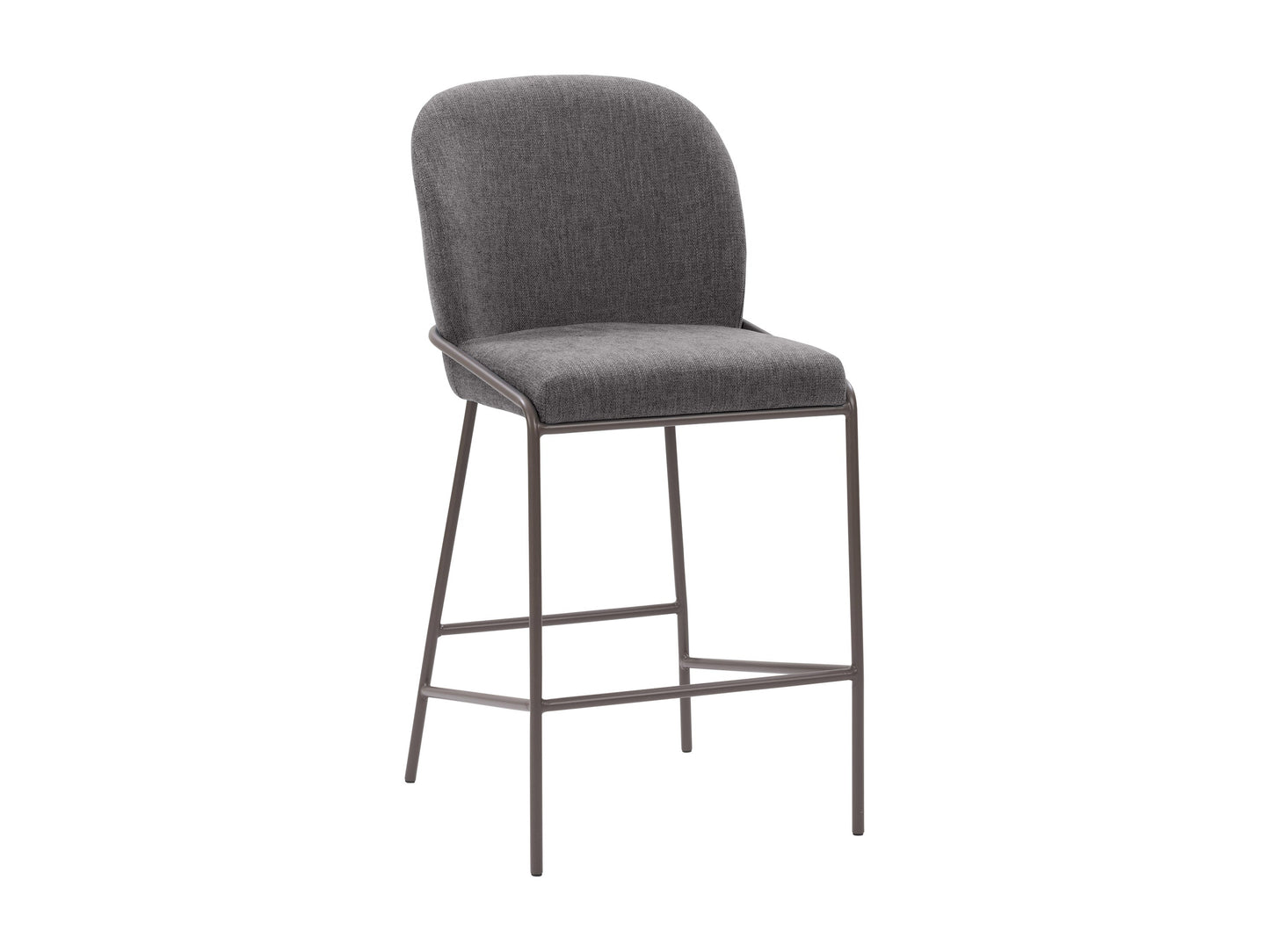 Dark grey modern bar stool with padded seat, sleek metal legs, and minimalist design.