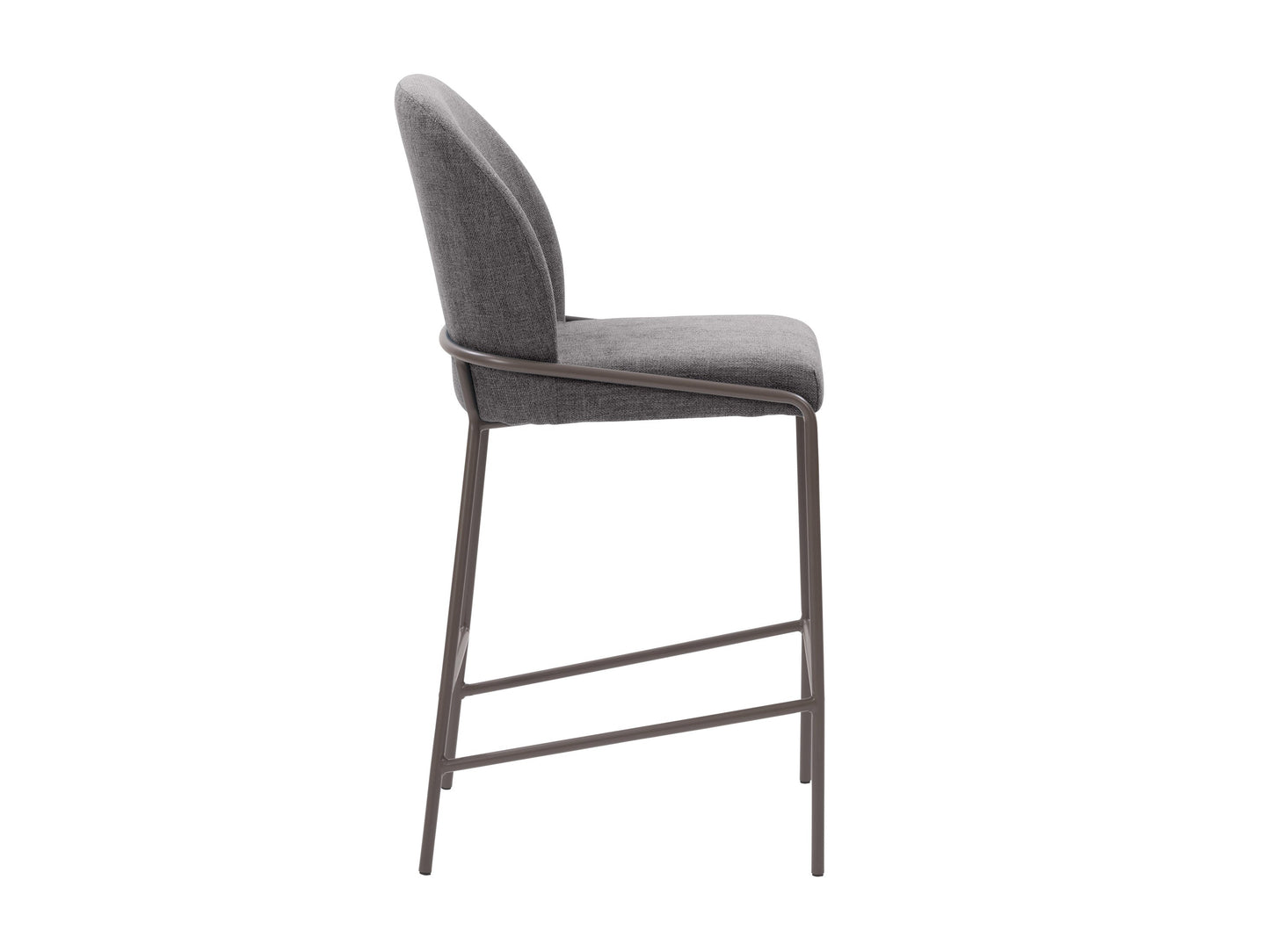 Dark grey modern bar stool with fabric seat, wooden legs, and sleek minimalist design.