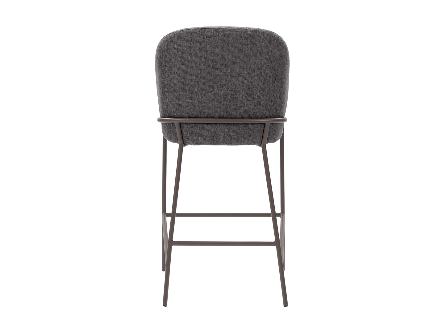 Dark grey modern bar stool with wooden legs, minimalist design, and comfortable fabric seat.