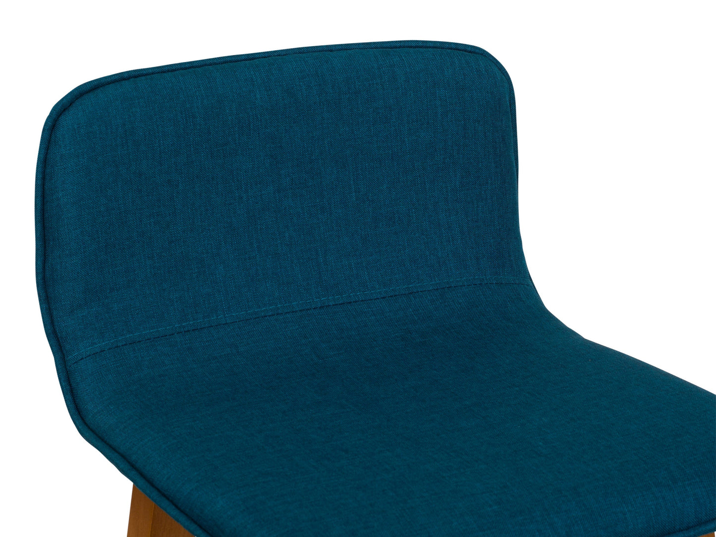 Blue wooden bar stools set with cushioned seats, curved backrests, and sturdy legs for kitchen or bar areas.