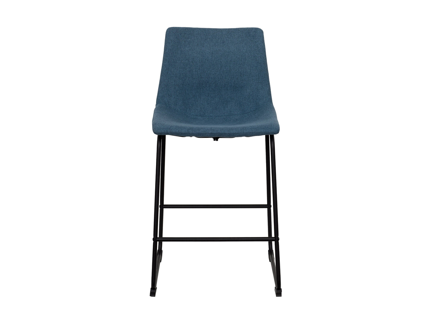Blue upholstered bar stool with cushioned seat, wooden legs, and modern design.