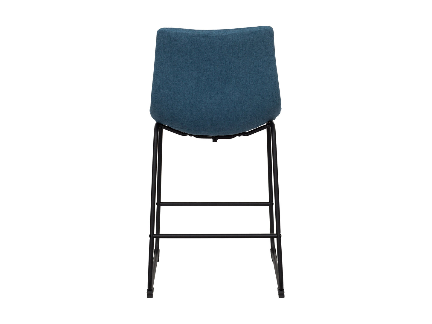 Blue upholstered bar stool with wooden legs, padded seat, and backrest, perfect for modern kitchen or bar spaces.