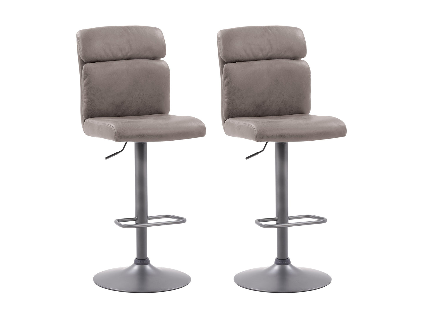 Grey swivel bar stools, set of 2, with padded seats, chrome footrests, and adjustable height for modern kitchen islands.