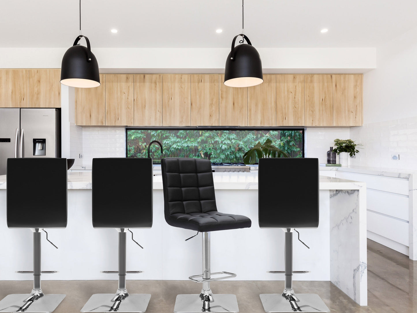Black high back bar stools, set of 2, with padded seats, sleek metal legs, and modern design.