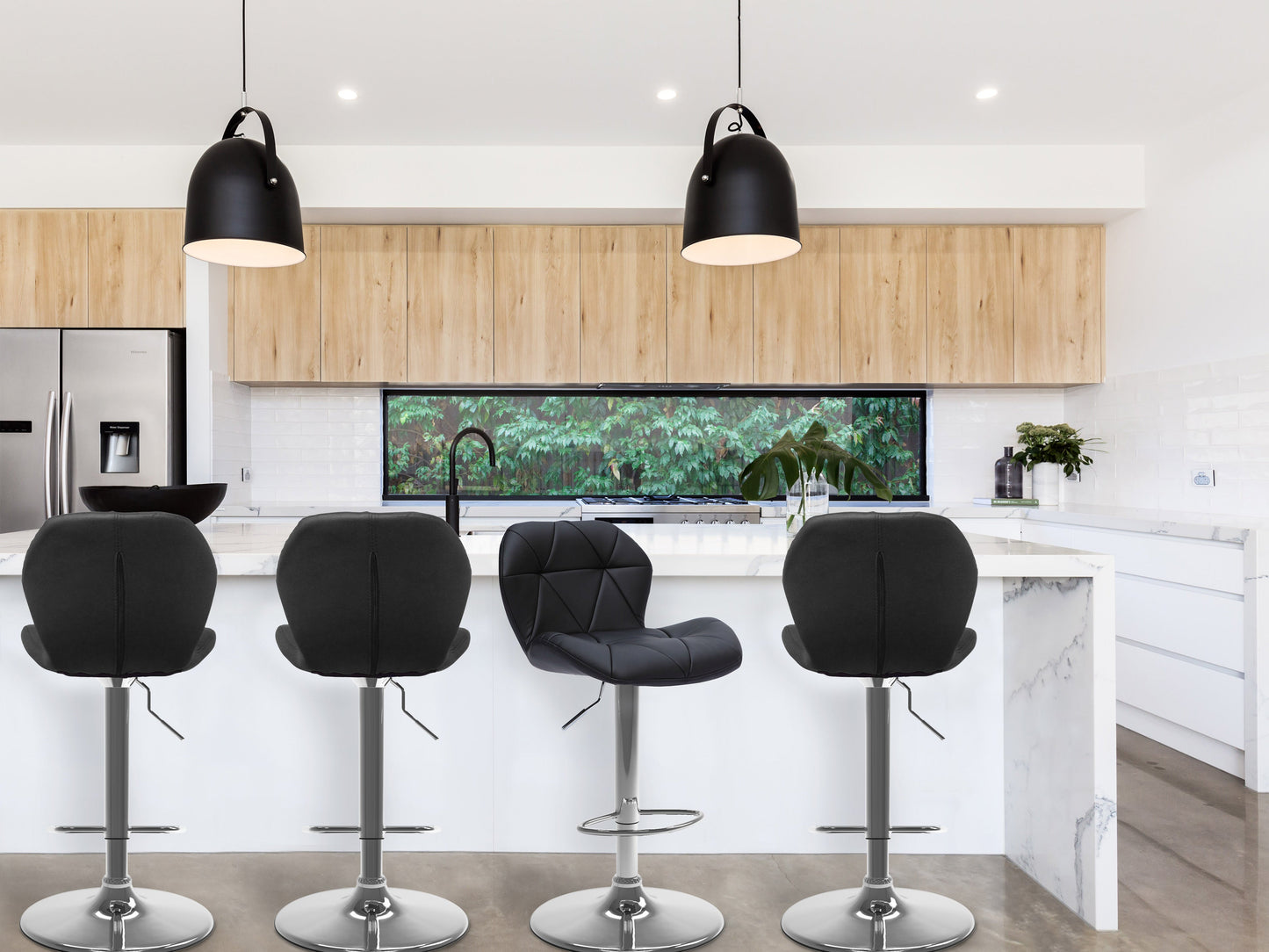 Black bar stools with backs, set of 2, featuring sleek black metal legs and cushioned seats for modern kitchen or bar decor.