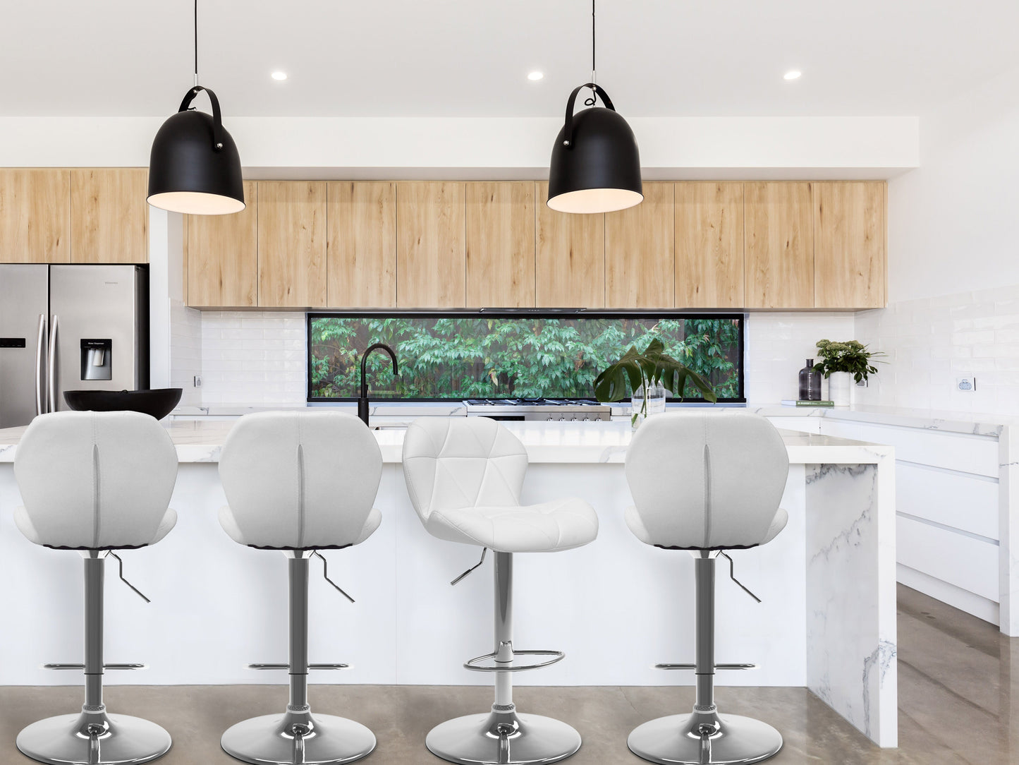 White bar stools with backs, set of 2, featuring sleek metal legs and cushioned seats for modern kitchen or bar areas.