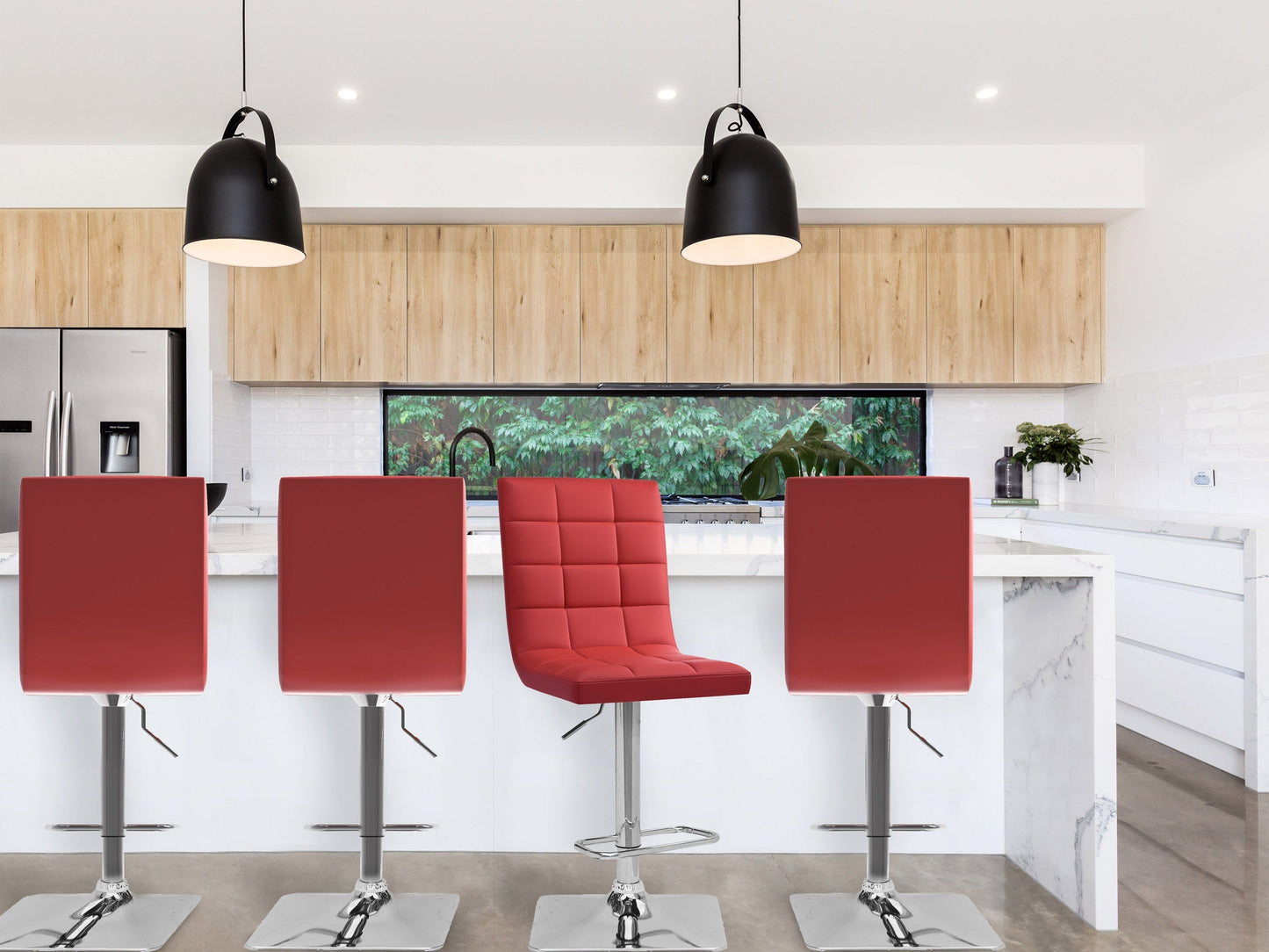 Red high back bar stools set of 2 with cushioned seats, sleek metal legs, and modern design.
