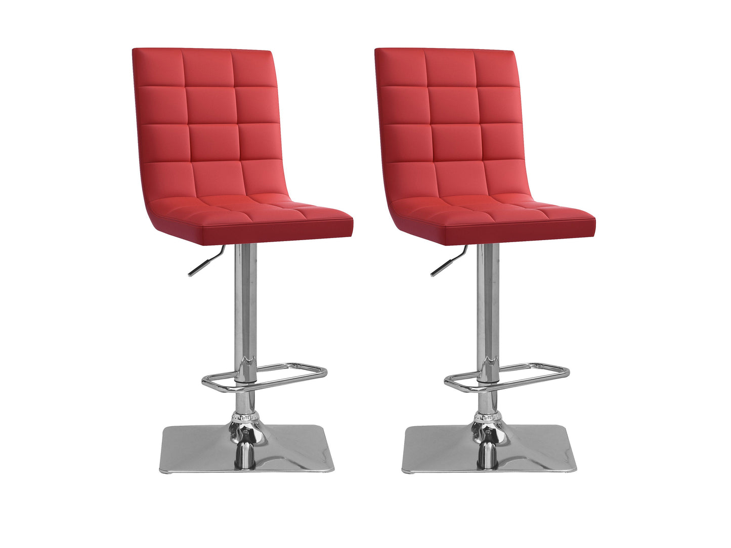 Red high back bar stools set of 2, plush upholstery, chrome footrest, modern kitchen counter seating.