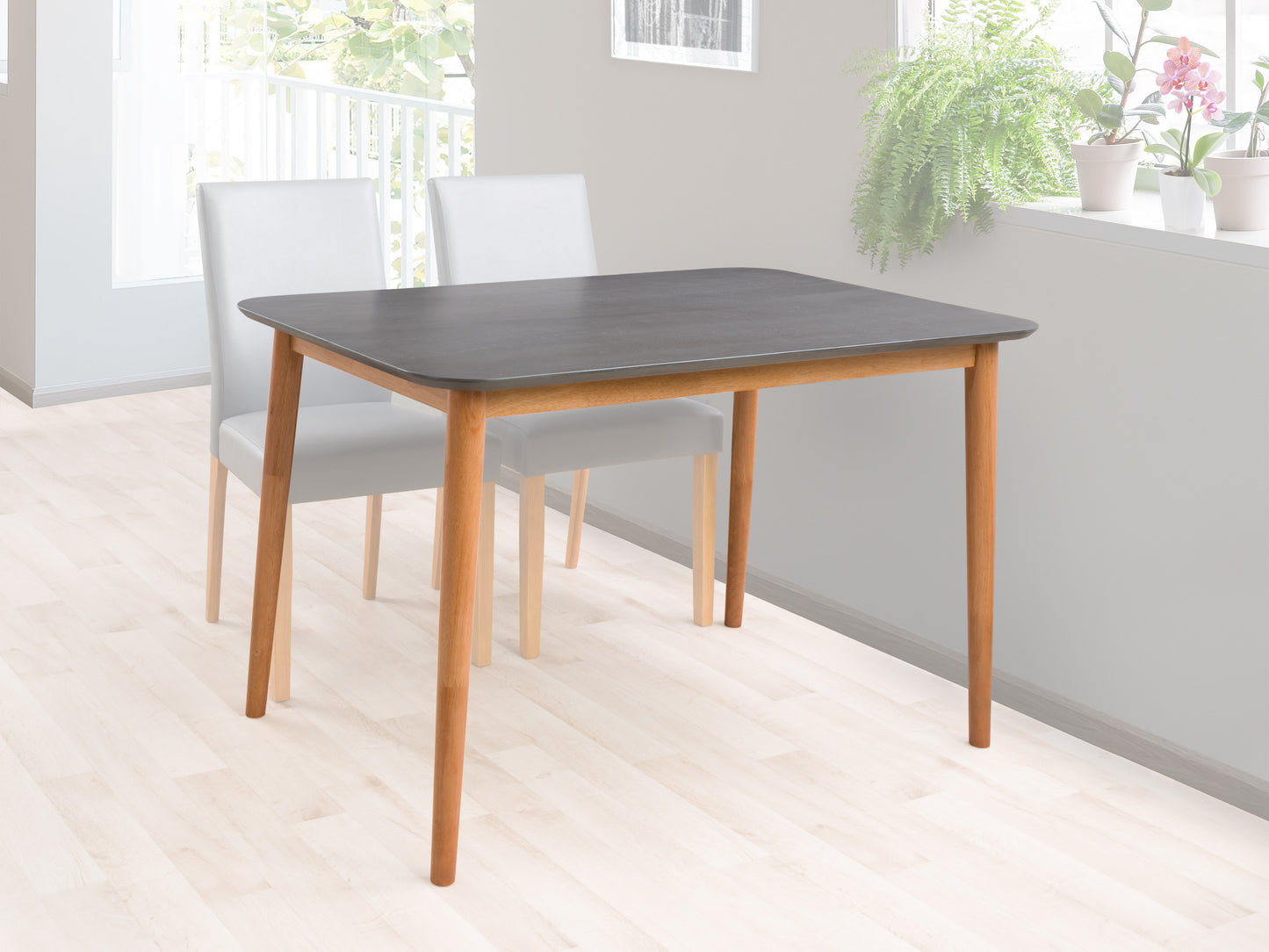 Modern grey dining table with sleek metal legs, smooth wooden surface, and minimalist design, perfect for contemporary dining rooms.